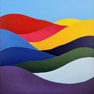 The primary subject of the image is a painting of a mountain landscape. The painting features a variety of colors, including red, yellow, blue, green, and purple. The setting is a mountainous area with a blue sky in the background. The visual style of the painting is a combination of digital art and illustration, creating a vibrant and dynamic scene. The colors and mood of the painting evoke a sense of adventure and exploration, as the viewer is drawn into the mountainous landscape.